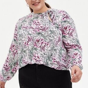 Torrid White & Pink Floral Georgette Tie Front Top Blouse